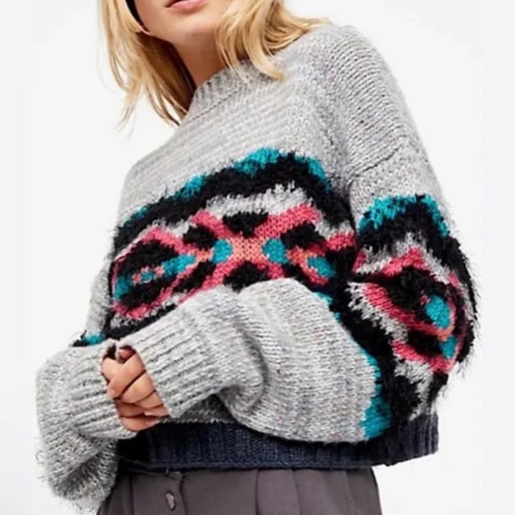 Free People Sweaters - Free People I Heart You Wool Sweater Fuzzy Cropped Multicolored OB710276 Size M